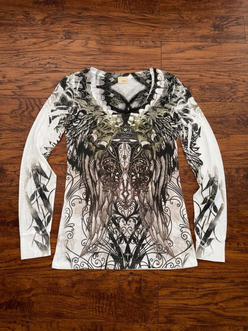 Daytrip Long Sleeve Graphic Rhinestone Wing Blouse Top